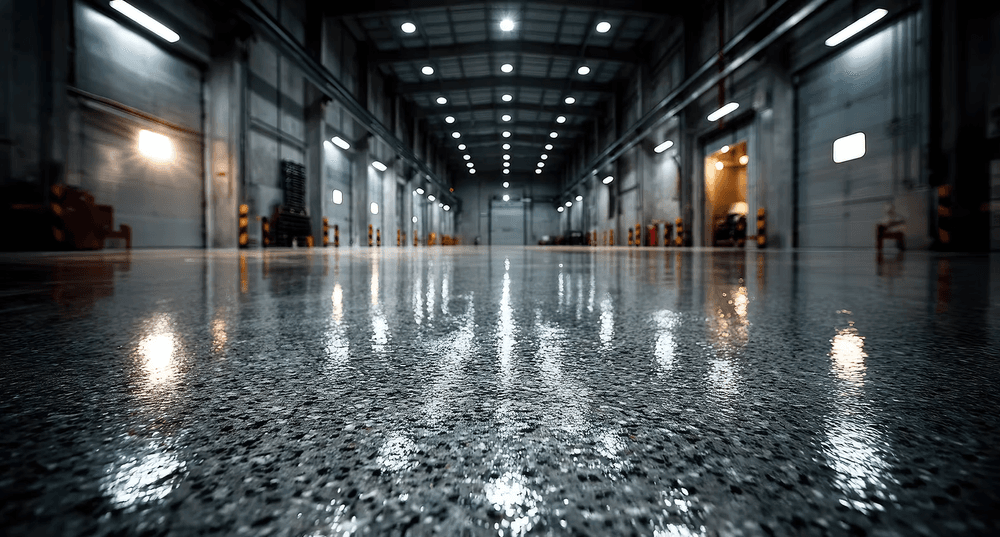 Shiny polished floor in a large industrial warehouse with bright overhead lights.